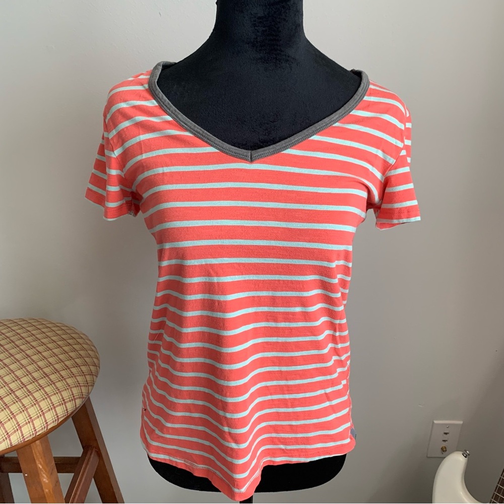 Horny Toad Coral and light blue Striped V-Neck Tee